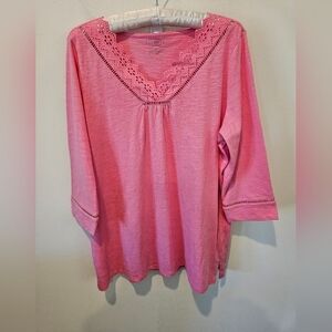 TALBOTS WOMEN'S BARBIE PINK V-NECKLINE EYELET 3/4 SLEEVE TUNIC TOP SIZE 1X